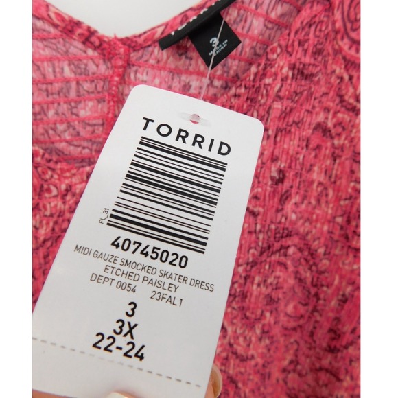 Torrid Midi Gauze Smocked Skater Dress Etched Paisley Pink Size 3X - Picture 7 of 7